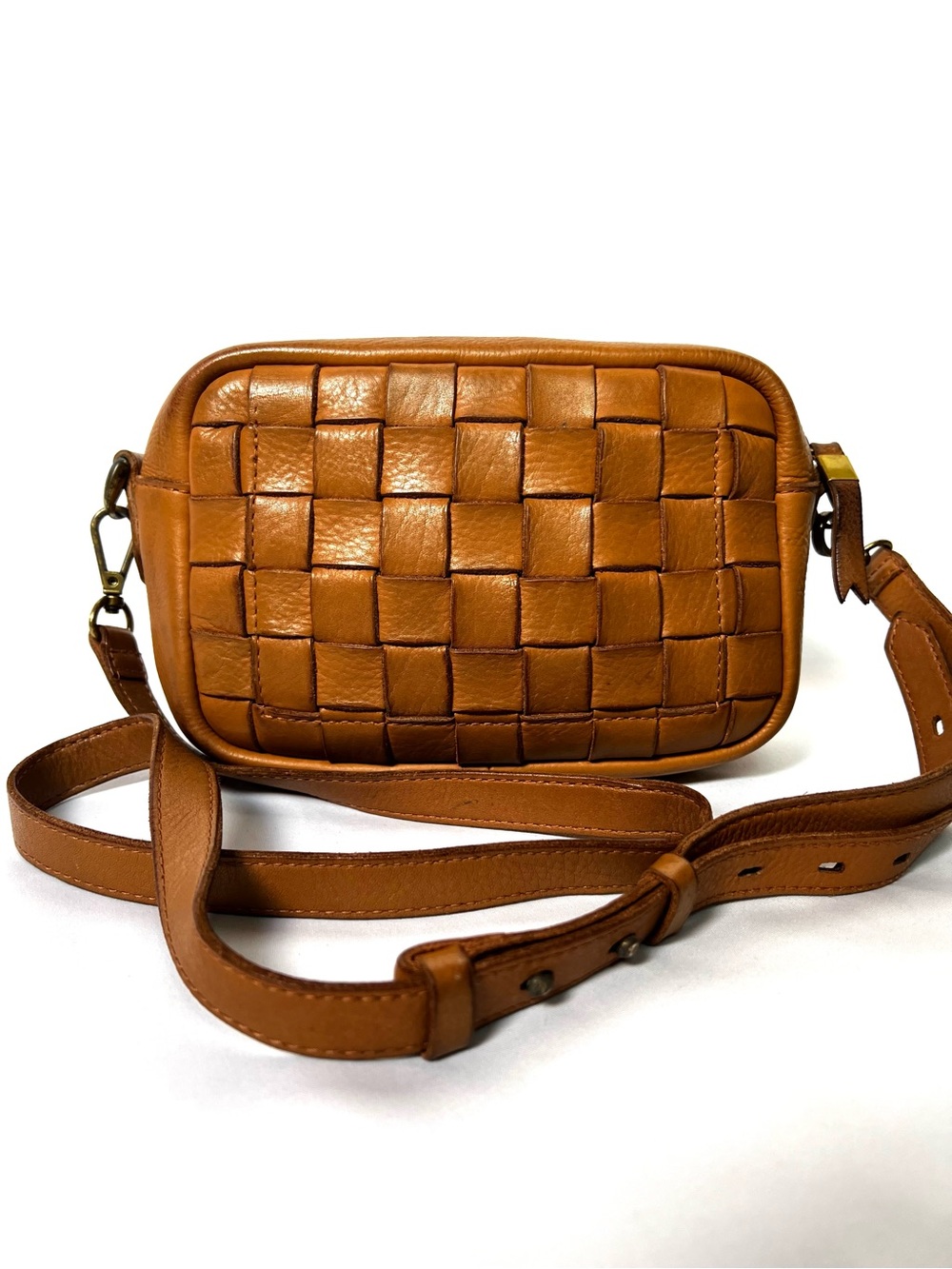 Madewell Woven Leather Crossbody Bag Cognac Brown Camera Bag Adjustable Strap - Picture 4 of 13